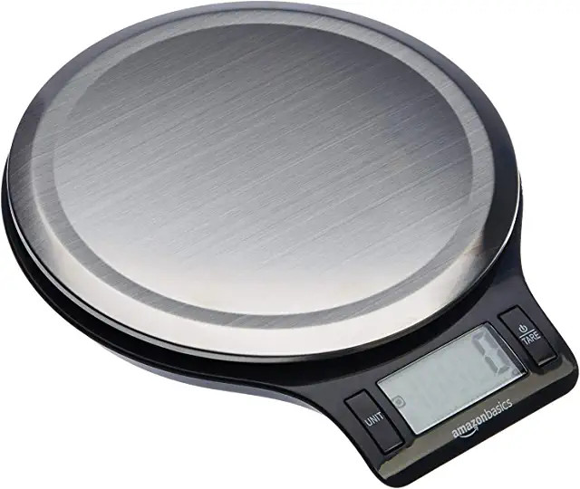 Amazon Basics digital kitchen scale for precisely measuring cat food portions