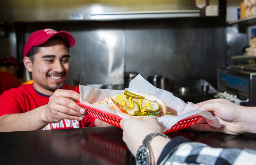 Chicago style hot dog with all the fixings.