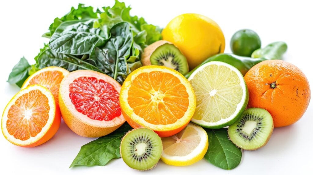 Assortment of fresh fruits and vegetables high in vitamin C and vitamin A, including bell peppers, citrus fruits, leafy greens, and carrots, displayed on a white background to illustrate healthy dietary choices for nutrient intake.