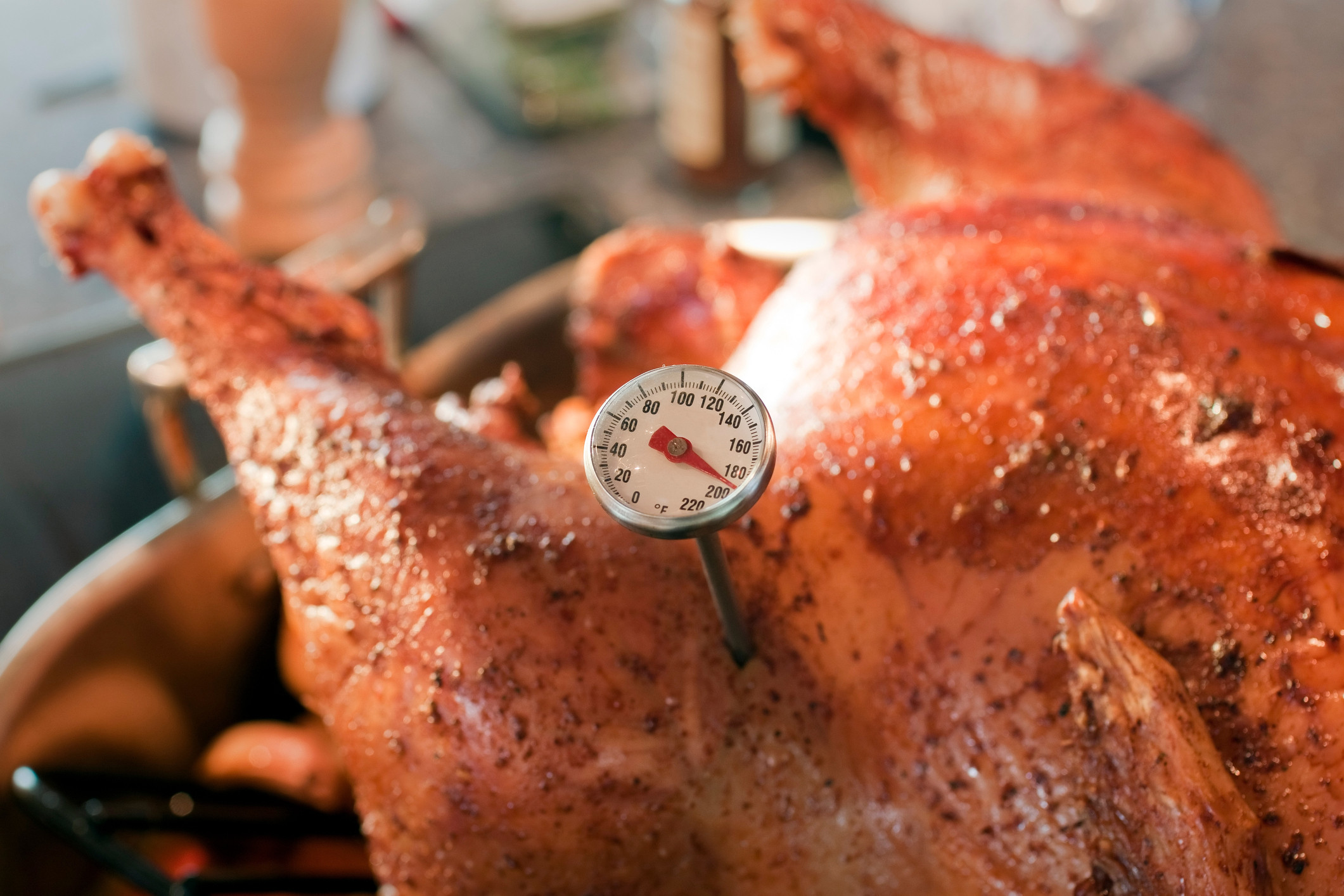 Checking turkey temperature with a food thermometer to ensure it is safely cooked, a crucial step in preventing foodborne illness.