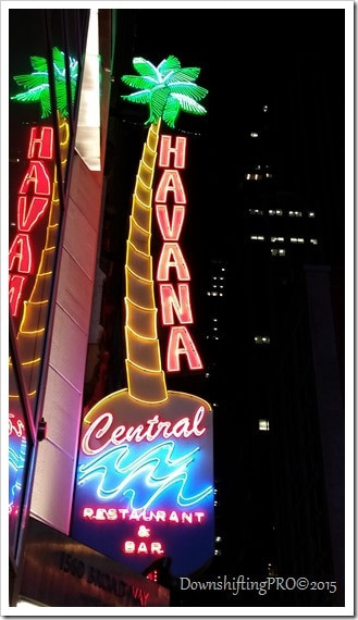 Bright neon sign for Havana Central Restaurant in Times Square, NYC.