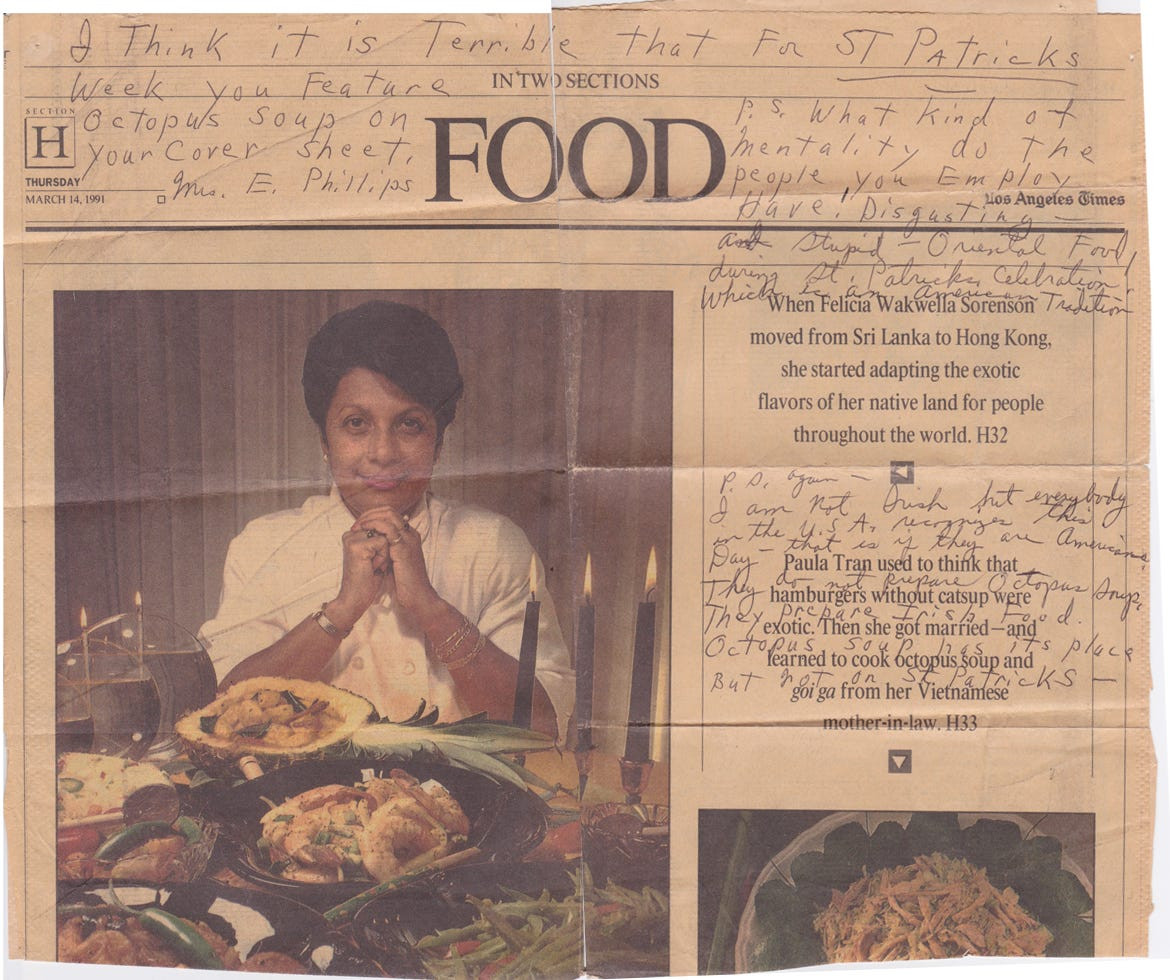 Vintage Los Angeles Times Food section cover from March 14, 1991, showcasing a reader's handwritten angry note criticizing the newspaper for publishing "Oriental food" recipes during St. Patrick's Day, highlighting a historical perspective on defining American cuisine.