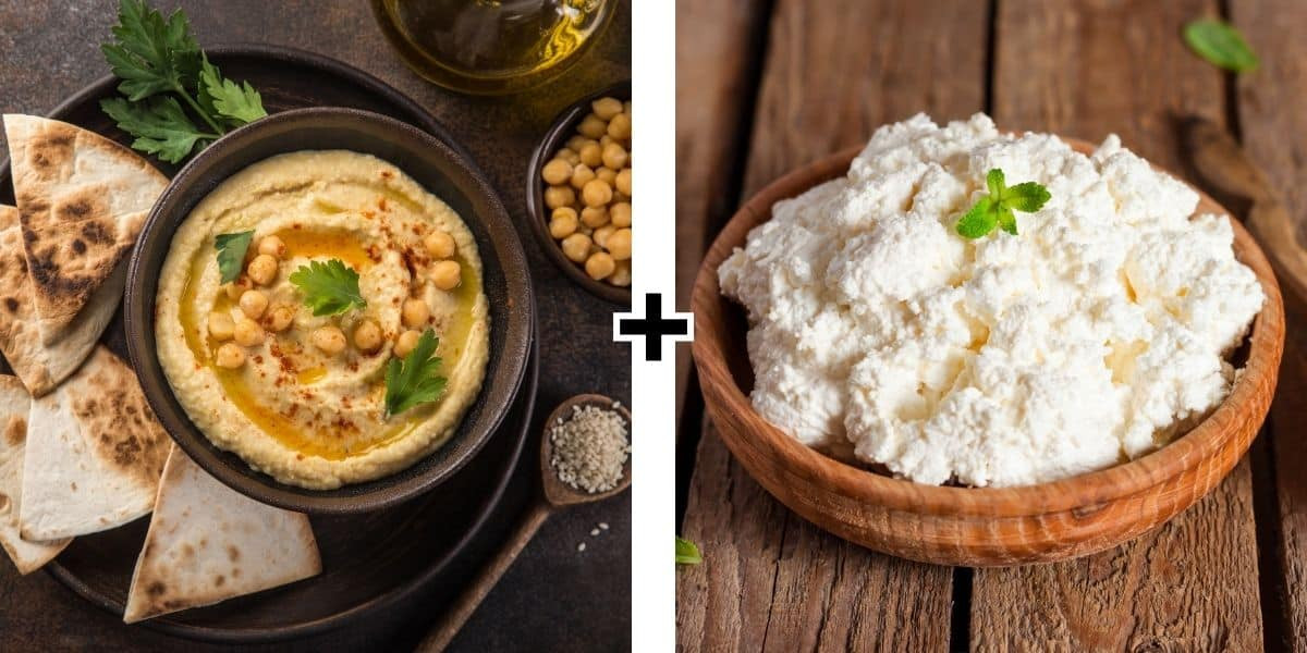 Hummus and cottage cheese served side-by-side.