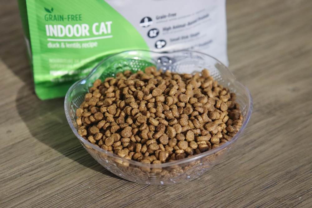 Pouring Nulo Freestyle Duck &amp; Lentils dry cat food into a bowl, demonstrating portion size and kibble appearance.