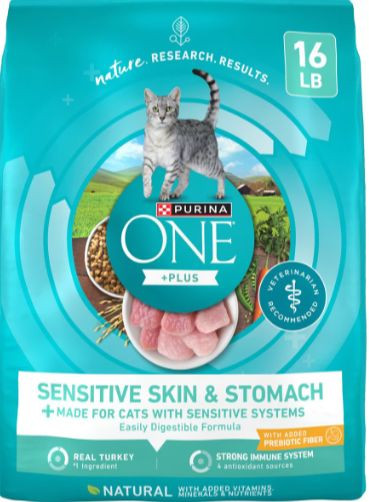 Purina ONE +Plus Sensitive Skin &amp; Stomach Dry Cat Food bag featuring a healthy cat