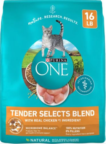 Purina ONE Tender Selects Blend Dry Cat Food bag with chicken and kibble visible