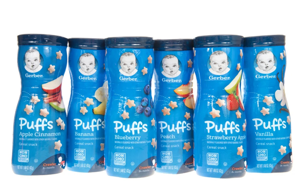 Close-up of Gerber Rice Puffs Snack Container - Is Gerber Baby Food Safe 2024? - Lawsuit Legal News