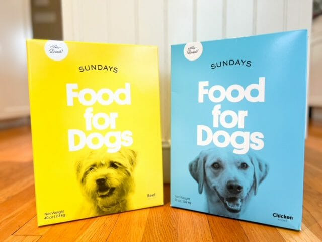 Two boxes of Sundays For Dogs food, chicken and beef flavors, showcasing the product packaging for pet owners considering healthy dog food options.