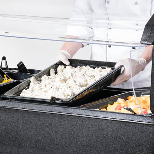 Time/Temperature Control for Safety (TCS) foods like potato salad being served at a buffet, emphasizing the need for careful temperature management to ensure food safety and prevent bacterial growth.