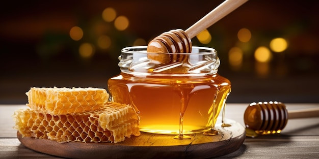 Honey dripping from a wooden dipper into a glass jar.