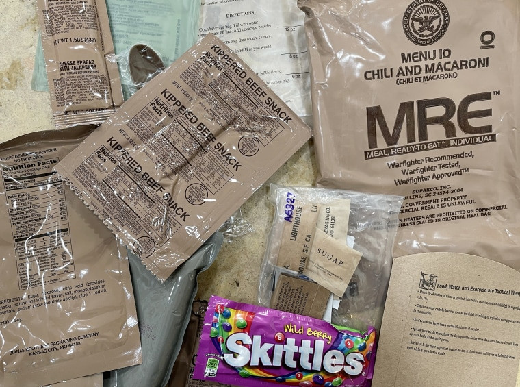 An MRE includes a main course, sides, dessert, candy and a beverage.