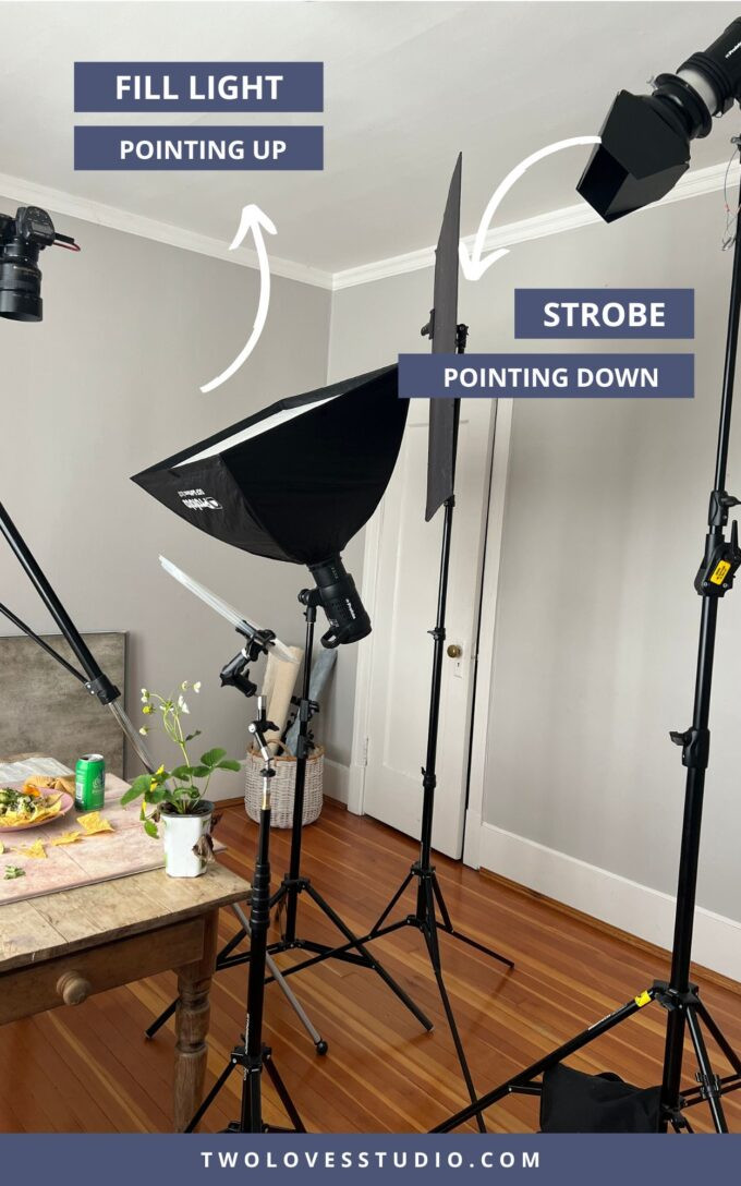 Behind the scenes photography setup in a photo studio with gear taking a photo of food.