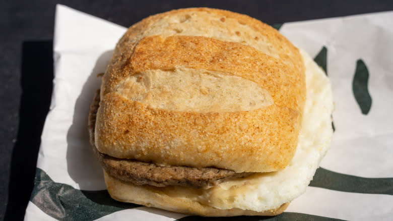 The impossible breakfast sandwich on a Starbucks sandwich bag