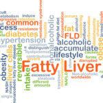 A word cloud on fatty liver disease; risk factors, such as alcohol and high fat diet, appear in different colors