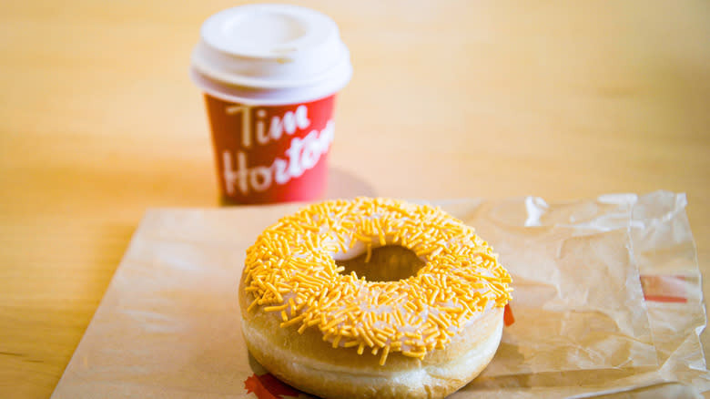 A Tim Hortons coffee and donut