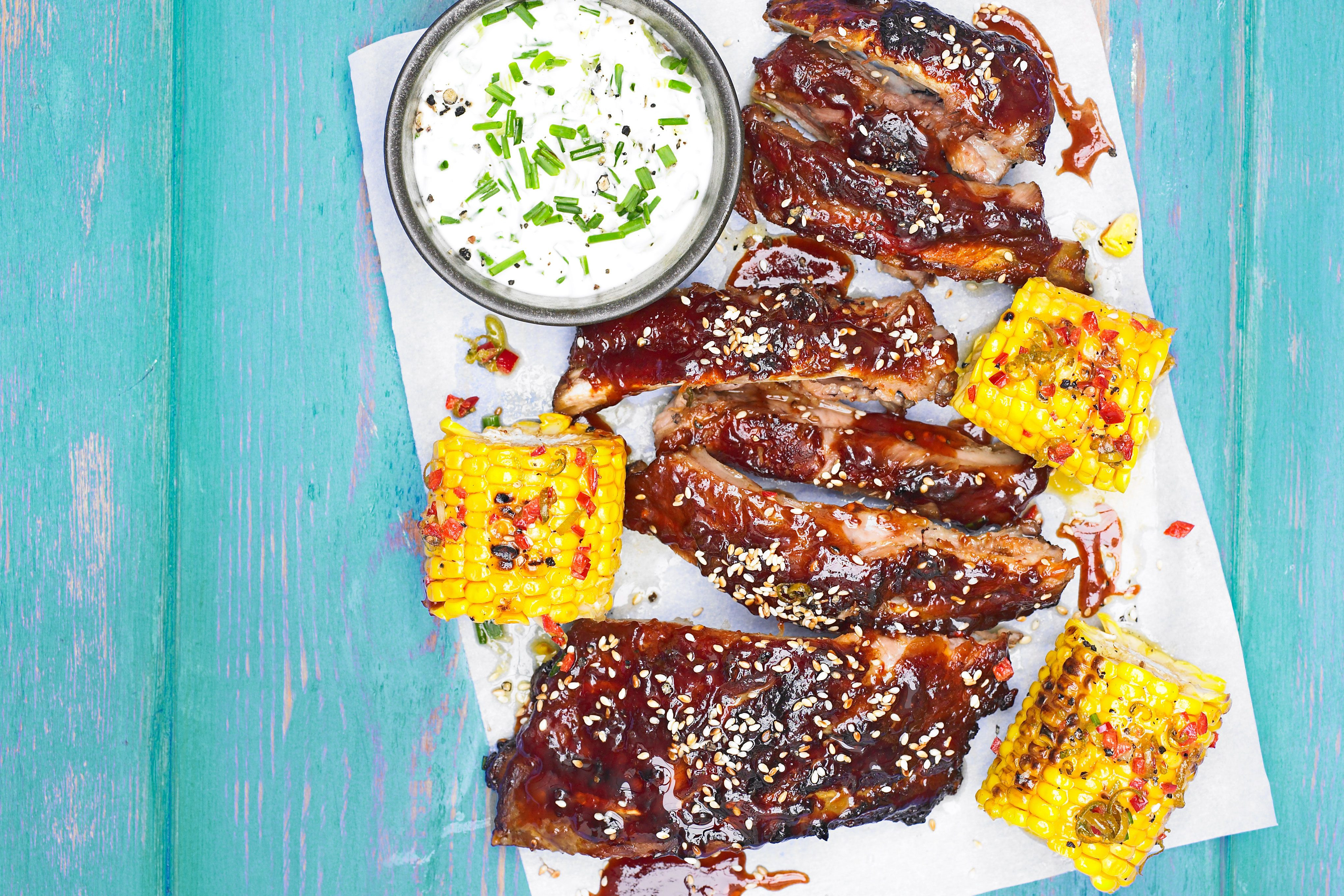 BBQ ribs with chive dip and sweetcorn