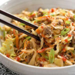 Chicken and vegetable stir-fry in a wok