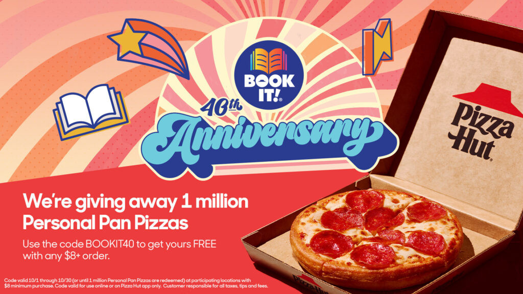 Celebrating 40 years of the Pizza Hut BOOK IT! program, rewarding young readers with free personal pan pizzas and fostering a love for reading since 1984