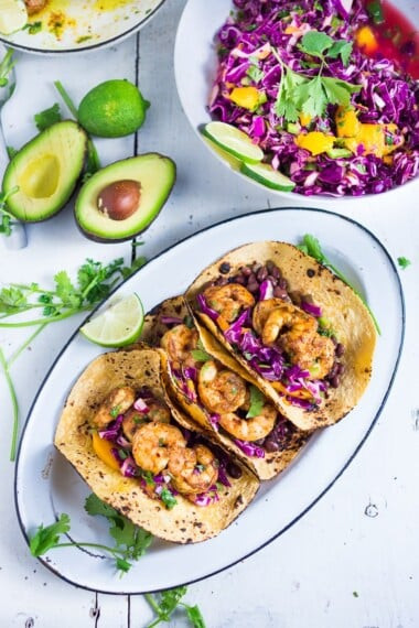 Shrimp Tacos with Mango Cabbage Slaw for Fast Dinner