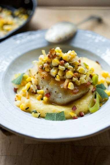Halibut with Fresh Corn Leeks and Creamy Polenta