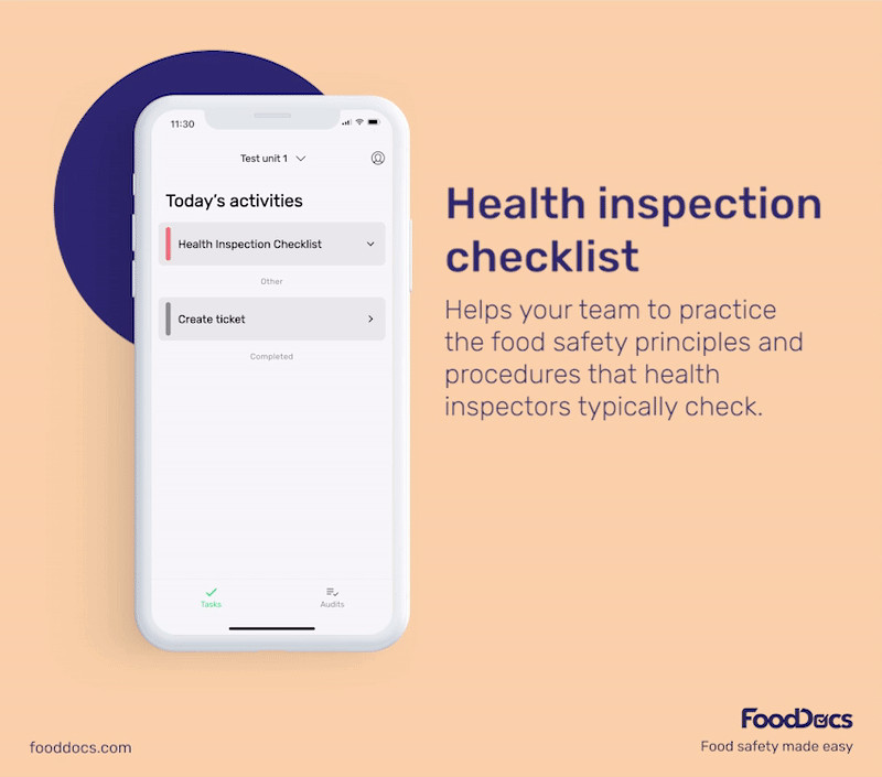 Preview of the health inspection checklist in the FoodDocs mobile app.