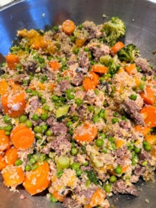 A bowl filled with dog food.
