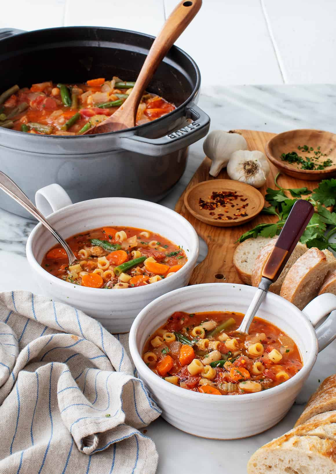 Minestrone soup packed with pasta, beans, and fresh vegetables