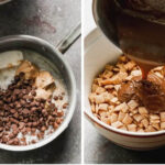 Chex cereal being coated with chocolate peanut butter in a bowl, showcasing the initial steps of making Muddy Buddies.
