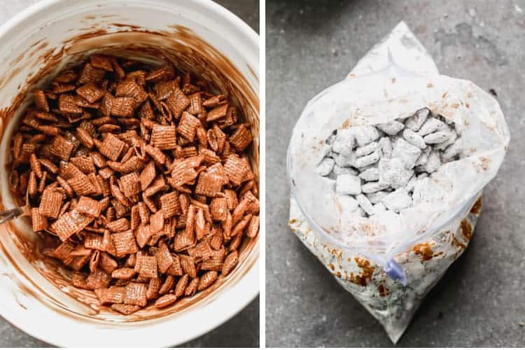 A close-up shot of Muddy Buddies coated in powdered sugar, ready to be enjoyed as a snack.