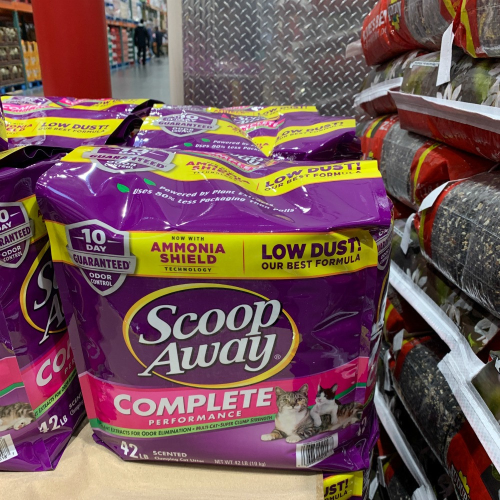 purple bag of Scoop Away cat litter at Costco (42 lb bag)