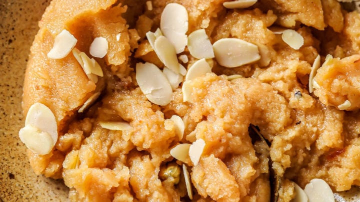 Bowl of Sooji ka Halwa Garnished with Almonds