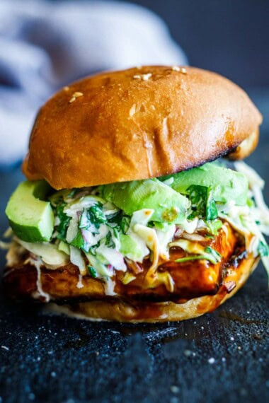 Crispy Tofu Burger with BBQ Sauce Slaw and Avocado