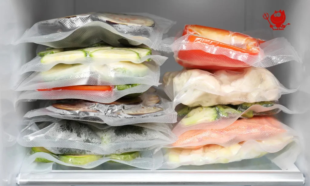 Assortment of vacuum-sealed food packages, including meats, cheeses, and vegetables