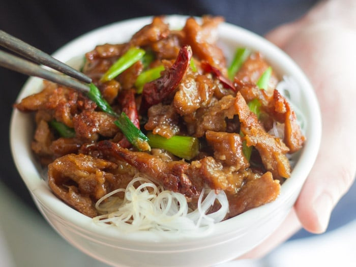 Bowl of Vegan Mongolian Beef with Seitan